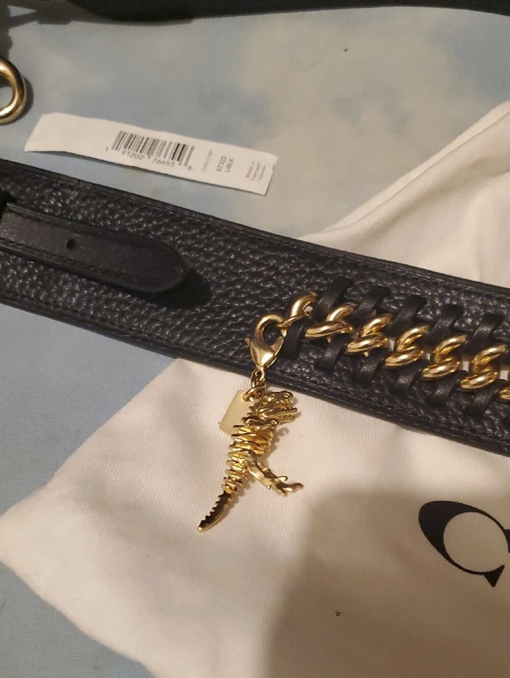 Coach Black Leather Strap with Gold Chain Accent